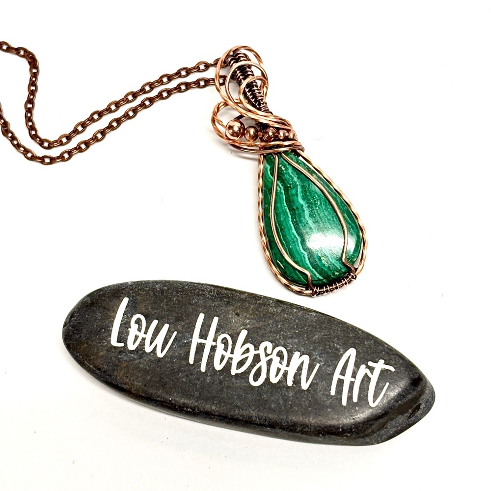 HANDMADE Malachite Hand Wrapped Copper and Copper Bead Pendant, Gift for Her - Picture 3 of 10